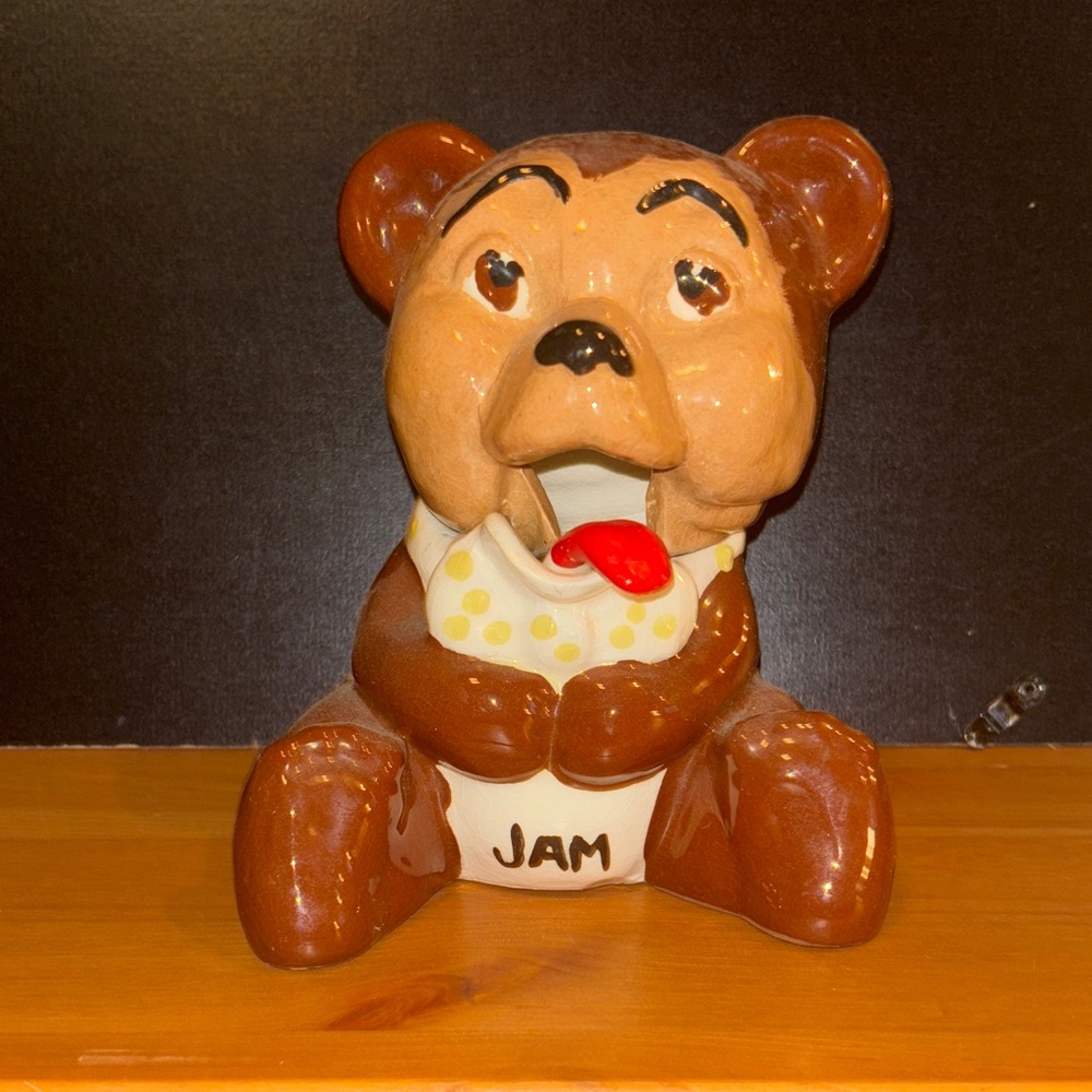 Vintage Ceramic Bear Jam Jar with spoon. 5x8